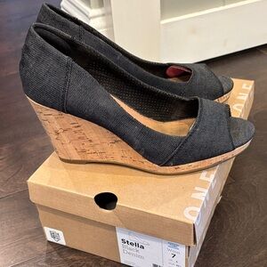 Toms Black Denim Cork Wedges